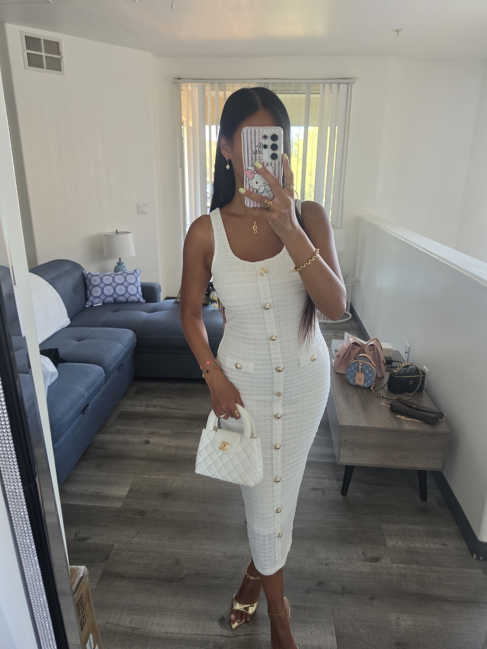 Classic White Button-Front Tweed Midi Dress - Picture 3 of 16
